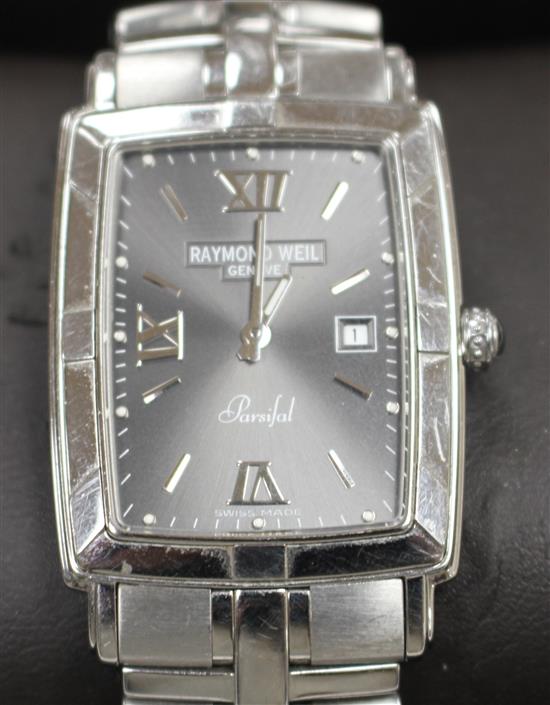 A gentlemans modern stainless steel Raymond Weil Parsifal rectangular dial quartz wrist watch,